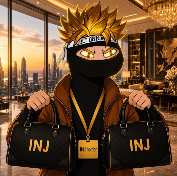 An anime-style ninja character with spiky yellow hair and a black mask holds two black bags labeled 'INJ', wearing an 'INJ holder' gold medal in a luxury penthouse setting.