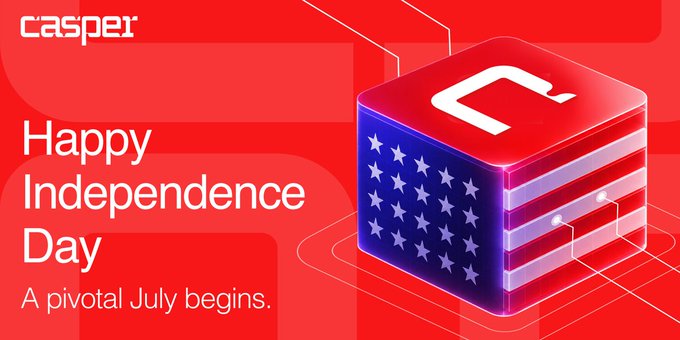The image features a red Casper-branded graphic with a stylized American flag-themed cube displaying the Casper "C" logo, alongside the text "Happy Independence Day" and "A pivotal July begins." It visually echoes the post's Independence Day message, connecting the 250-year American spirit of building transformative institutions and infrastructure to Casper's mission of advancing technology with that same pioneering mindset.