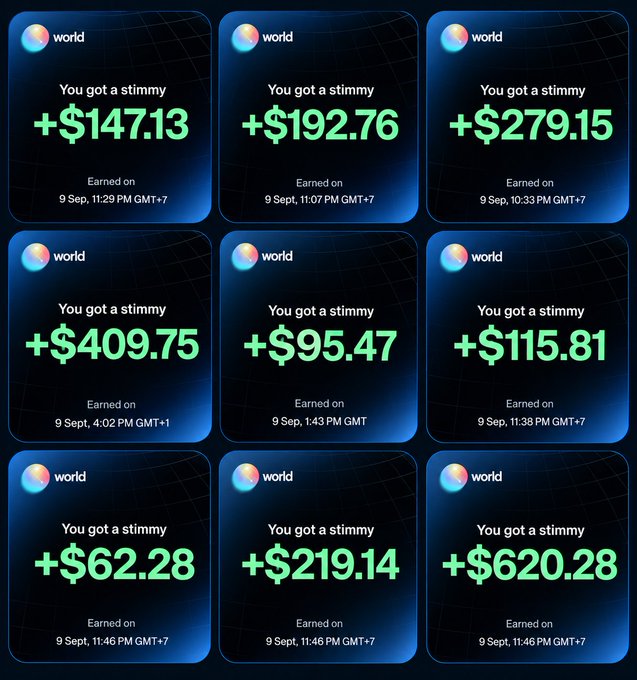 A 3x3 grid of notifications from the Worldcoin app showing nine "stimmy" earnings ranging from +$62.28 to +$620.28, all earned on September 9 across various times and timezones.