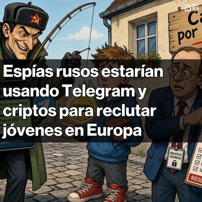 A cartoon depicting a smiling figure in a Soviet-style ushanka hat holding a fishing rod next to a young boy, with another nervous man in a suit, overlaid with Spanish text: 'Espías rusos estarían usando Telegram y criptos para reclutar jóvenes en Europa'.