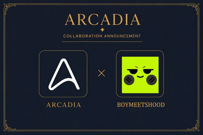 Announcement graphic titled 'ARCADIA COLLABORATION ANNOUNCEMENT' featuring the logos for Arcadia (an 'A' icon) and BOYMEETSHOOD (a green smiley face with sunglasses).