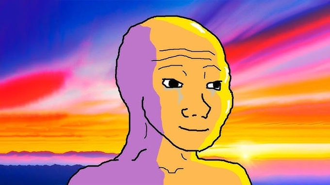 A cartoon drawing of a bald, crying figure with a purple hood or shadow, set against a vibrant, colorful sunset sky.