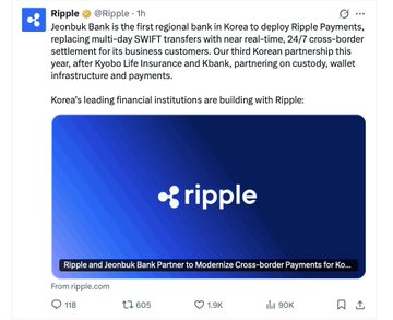 A tweet from Ripple (@Ripple) announcing Jeonbuk Bank as the first regional bank in Korea to deploy Ripple Payments, noting their third Korean partnership of the year, accompanied by a blue Ripple logo graphic.