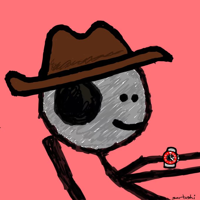 A digital drawing of a stick figure wearing a brown cowboy hat and an eye patch, looking at a red wristwatch on a coral-pink background.