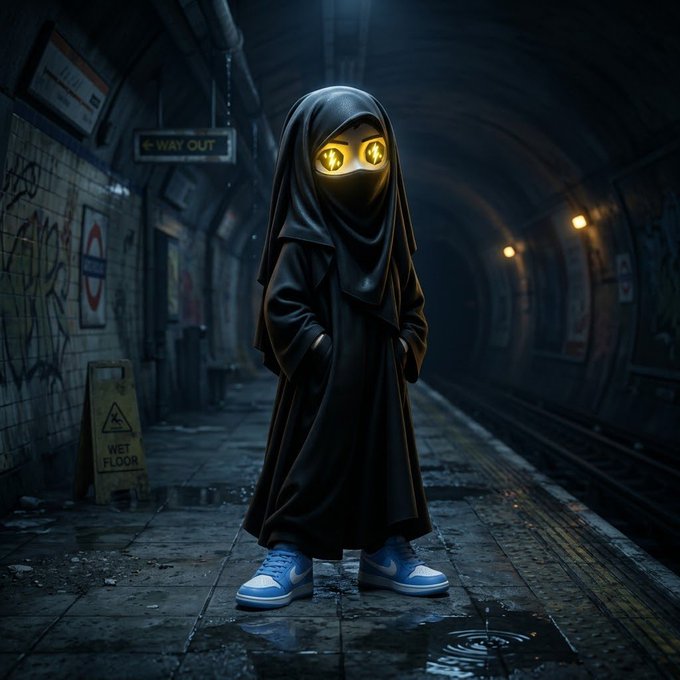 A digital illustration of a small figure in a black hooded cloak with glowing yellow eyes, wearing blue and white sneakers, standing in a dim, gritty subway tunnel near a 'WET FLOOR' sign and 'WAY OUT' arrow.