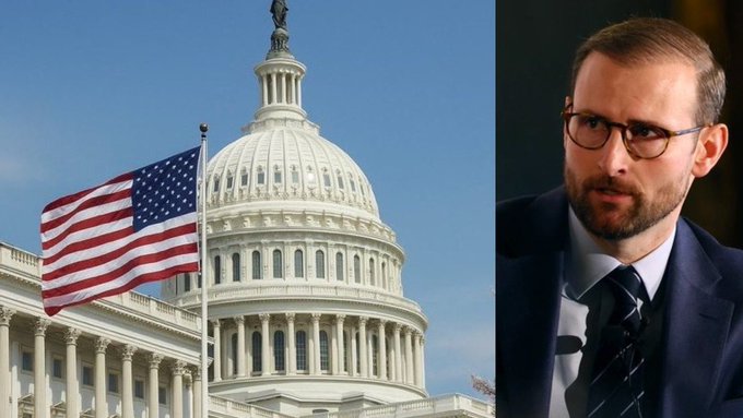 The image features the U.S. Capitol dome with the American flag waving in the foreground on the left, paired with a portrait of a bearded man in glasses and a suit on the right. It visually accompanies the post urging all U.S. senators to vote for the CLARITY Act, linking Patrick Witt's advocacy for crypto market legislation with the legislative venue where such a vote would take place.