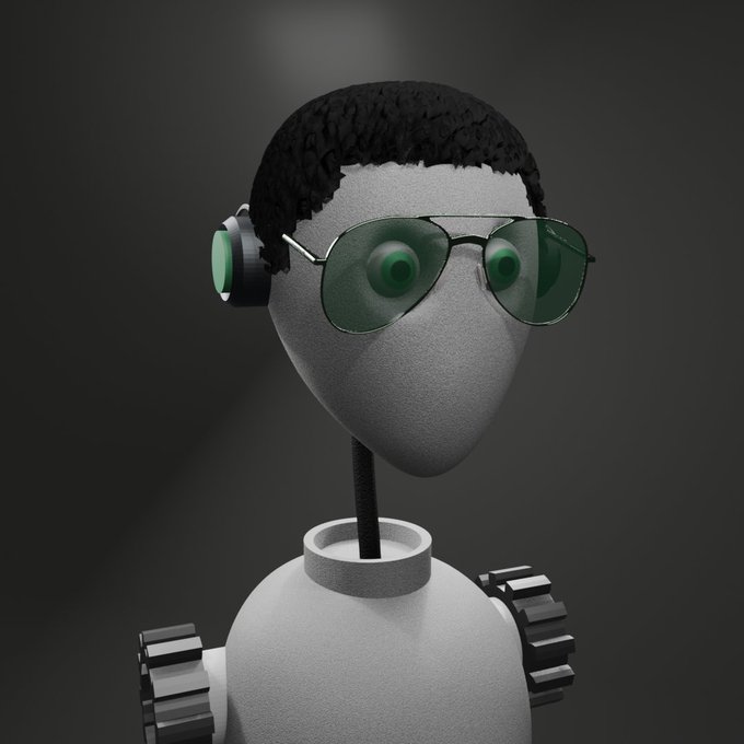 3D rendered mannequin head wearing green aviator sunglasses and black headphones with green accent lights, mounted on a robotic base against a dark background.
