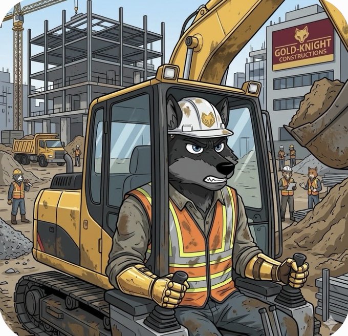 The image features a cartoon depiction of a man wearing an orange vest, sitting inside a yellow construction vehicle with his arms crossed over his chest. The man appears to be a wolf or a dog, as indicated by the presence of a dog's head in the foreground and a wolf's head in the background. The scene takes place on a construction site where several workers are present, including one person wearing a hard hat who is operating a crane. The image also includes text that reads "One goal. One pack. Total dominance. @Wolfswapdotapp isn' just a platform, it' s a financial fortress. Every season we stack higher. The frontline is locked in. Brick after brick, the empire rises."