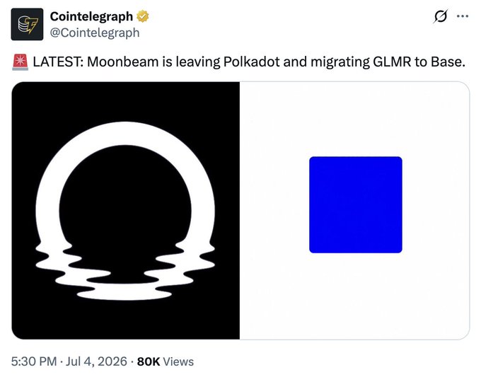 A Cointelegraph post announces Moonbeam migrating its GLMR token from Polkadot to Base, accompanied by side-by-side logos of the Moonbeam and Base projects, contextualizing Moonbeam as a leading parachain joining Base's growing ecosystem.