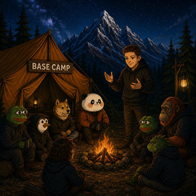 A campfire gathering at night where a human stands talking to an attentive circle of Pepe the Frog, Shiba Inu, panda, penguin, orangutan, and dinosaur mascots around a "BASE CAMP" tent, symbolizing the Base Camp Crypto Community uniting meme coin traders to tackle the next bull market together.