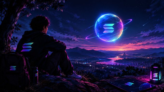 An anime-style illustration shows a character sitting on a cliff overlooking a glowing cityscape at night, with a glowing orb displaying the Solana logo in the sky.