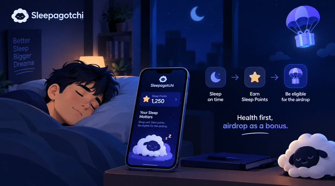 A promotional advertisement for "Sleepagotchi," a sleep tracking app, shows an illustrated sleeping child with a smartphone displaying 1,250 Sleep Points, alongside the tagline "Better Sleep Bigger Dreams" and icons illustrating the app's sleep-tracking-to-airdrop reward system.