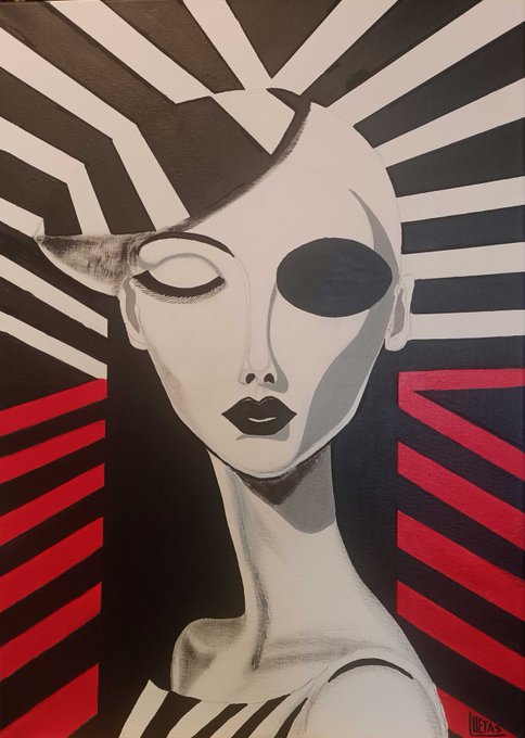 A stylized portrait painting of a pale woman with a black eyepatch and bold black lips, set against a striking background of black, white, and red sunburst stripes, signed 'Jeltas'.