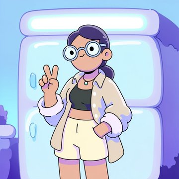 Cartoon illustration of a woman with dark hair, round glasses, and a beige jacket giving a peace sign in front of a light blue refrigerator.