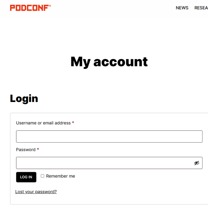 A 'PODCONF' login page is displayed, featuring fields for 'Username or email address' and 'Password' under the heading 'My account'.