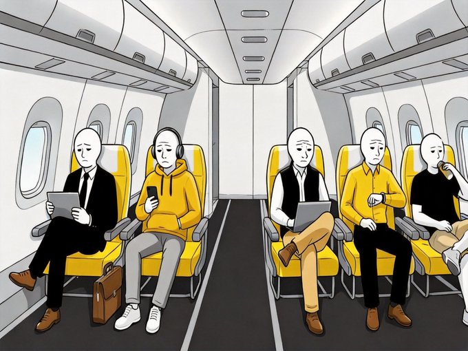 A cartoon illustration of an airplane cabin with six faceless passengers in business attire, each absorbed in their own devices—one on a laptop, another on a phone, others staring blankly ahead. The image captures the feeling of isolation and pre-flight anxiety that resonates with the post's reference to Binance, likely alluding to nervous anticipation about crypto market movements before takeoff.