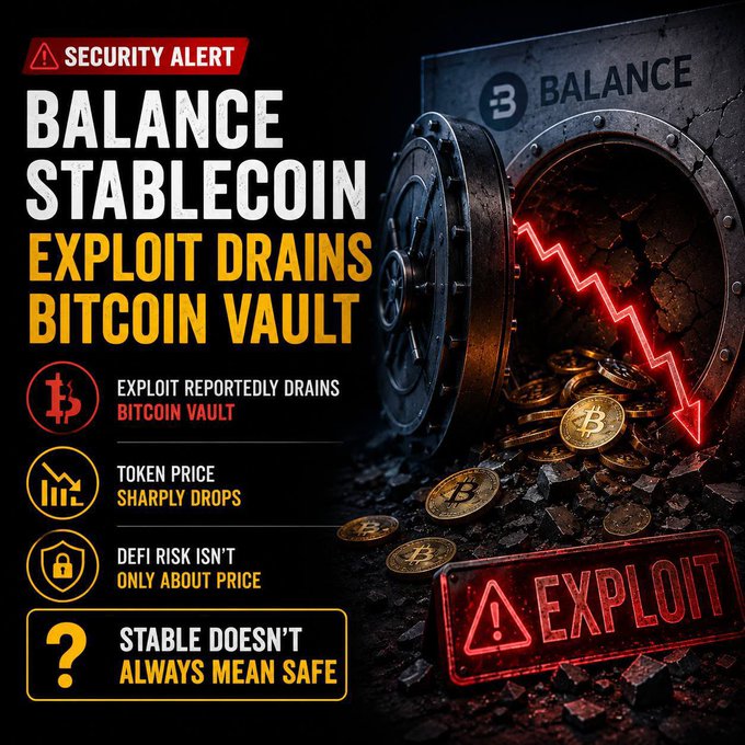 A security alert graphic headlined "BALANCE STABLECOIN EXPLOIT DRAINS BITCOIN VAULT," featuring an open vault with gold Bitcoin coins, a red downward arrow, and bullet points about the exploit.