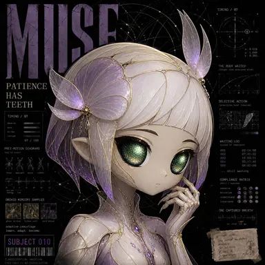 A digital artwork titled 'MUSE' with the text 'PATIENCE HAS TEETH', depicting a stylized, wide-eyed female character with butterfly wings and white hair, labeled 'SUBJECT 010'.