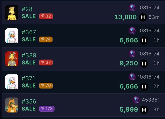 A screenshot of an NFT marketplace listing shows several digital collectibles for sale with prices ranging from 5,999 to 13,000 (H token), including items numbered #28, #367, #389, #371, and #356.