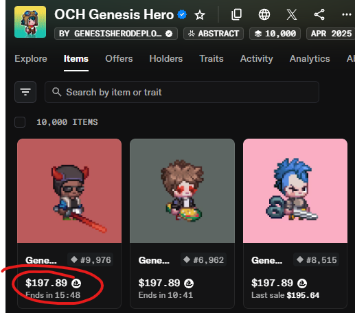 In this image, there's a small window displaying details about the OCH Genesis Hero item. A red "Price" option is visible at the bottom left corner of the window, which might be associated with a price for purchasing the item or determining its value. The background color shows that the content is on a webpage. Below the window, two other posts are displayed: one with an image of a boy wearing shades and another post that focuses on abstract art.