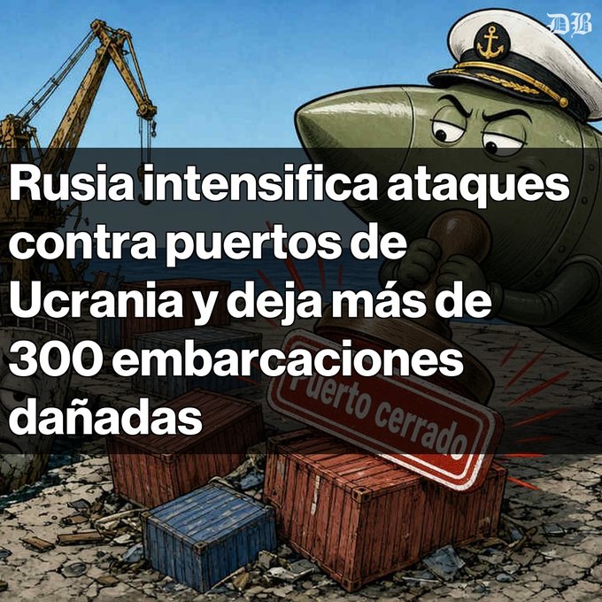 A Wall Street Journal Spanish graphic showing a cartoon missile character in a naval hat, with text reading 'Rusia intensifica ataques contra puertos de Ucrania y deja más de 300 embarcaciones dañadas' and a 'Puerto cerrado' sign.