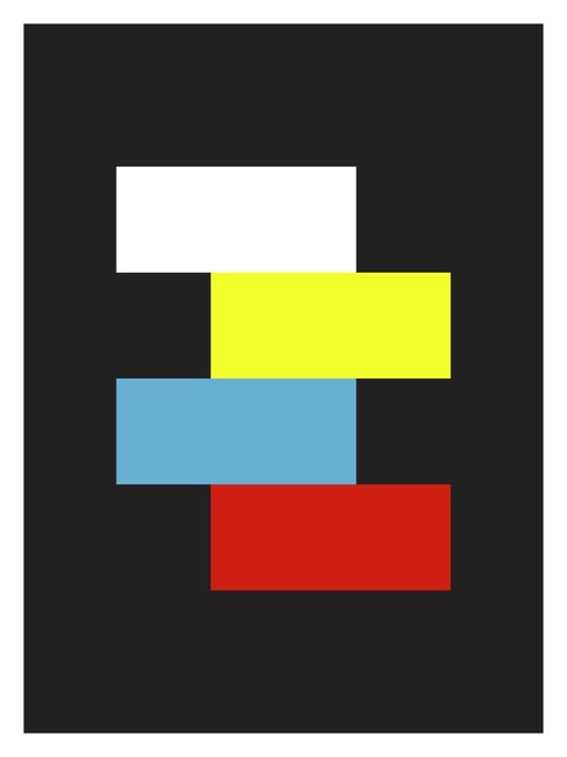A minimalist logo or graphic on a black background consisting of four offset colored rectangular blocks stacked vertically: white, yellow, blue, and red.