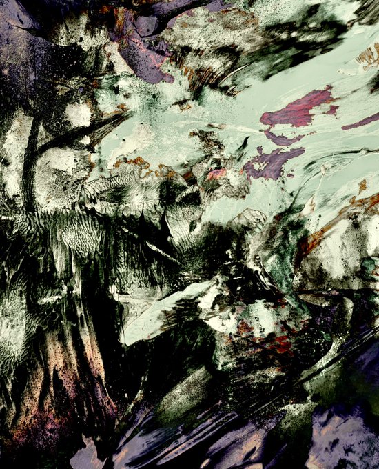 An abstract artwork featuring chaotic brushstrokes in green, black, white, and purple tones with textured, painterly effects.