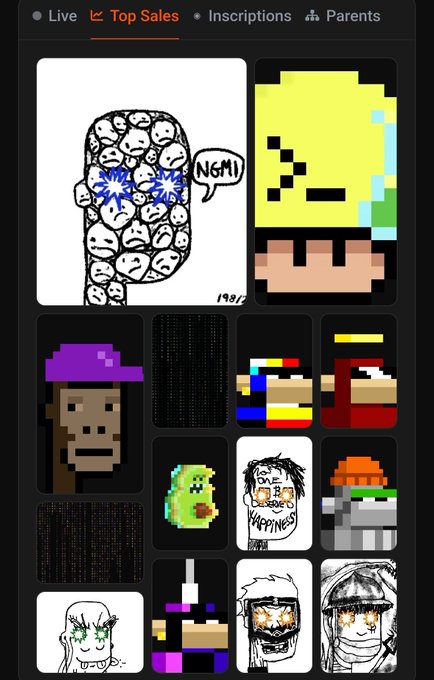 A "Top Sales" page on ord.net displays a grid of NFT/ordinal artwork for collectors, featuring various pixel art characters, illustrated portraits with "NGMI" speech bubbles, and other digital collectibles. The image illustrates the platform where users can browse and purchase these unique blockchain-based digital artworks.