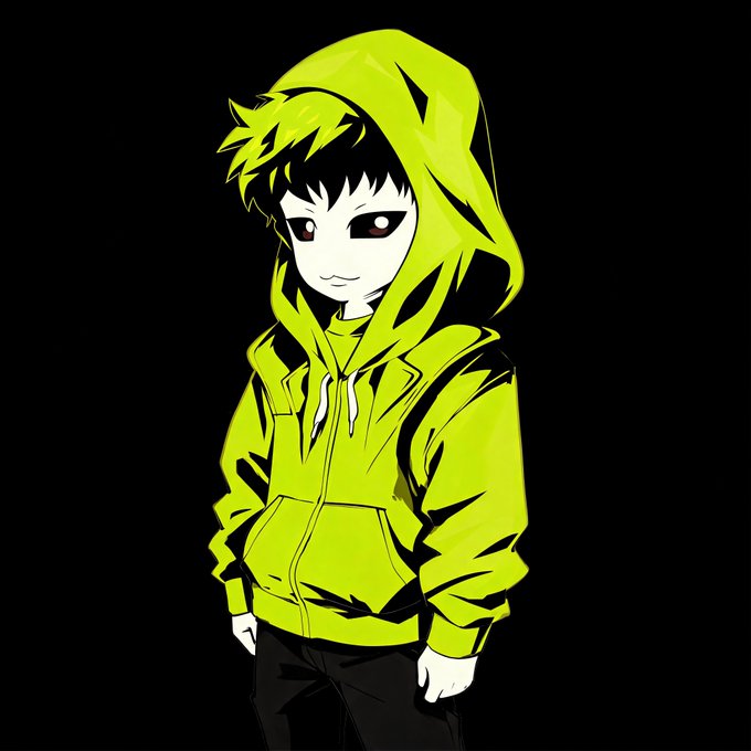 A stylized anime-style character with pale skin and dark eyes wears a bright neon green hoodie pulled over their head, set against a stark black background that mirrors the hood's vivid color. The hooded figure serves as a visual mascot for the $TrenchHood platform token, embodying the bold, edgy aesthetic of the meme coin launching on Robinhood Chain.
