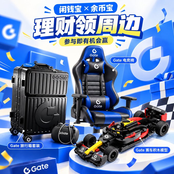 A promotional advertisement in Chinese for financial rewards featuring Gate.io (闲钱宝) merchandise, including a black travel suitcase, a blue and black gaming chair labeled 'Gate 电竞椅', a black drawstring bag, and a building block racing car model labeled 'Gate 赛车积木模型'.