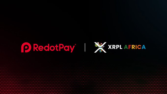 The image displays a partnership announcement featuring the logos of "RedotPay" and "XRPL Africa" side by side on a dark background, visually representing the collaboration highlighted in the post about bringing blockchain education and Web3 innovation to the African region.
