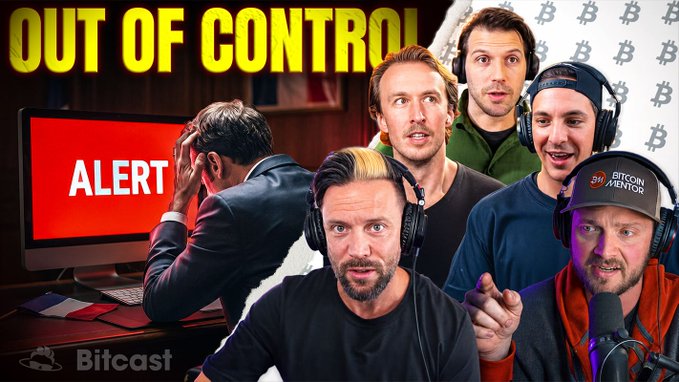 YouTube thumbnail titled 'Out of Control' from the Bitcast channel, showing shocked podcasters next to a computer displaying an 'ALERT' message, with a Bitcoin background.