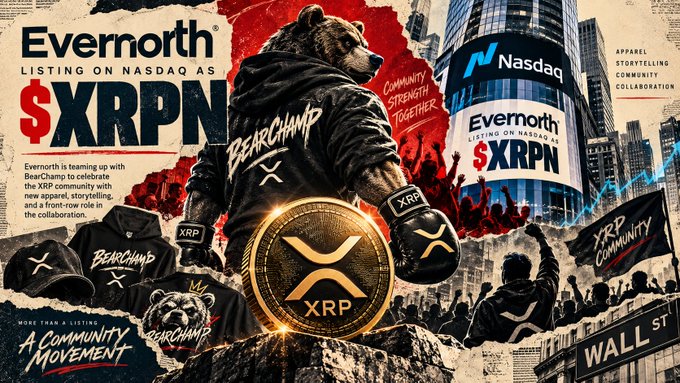 Promotional graphic announcing Evernorth's NASDAQ listing under the ticker $XRPN, featuring a bear in a BearChamp hoodie alongside XRP and Nasdaq branding, with text describing a collaboration involving apparel, storytelling, and community.