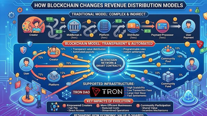 The image shows a colorful infographic detailing how blockchain technology can revolutionize revenue distribution models by introducing transparency, automation, and fewer intermediaries. One key takeaway from the infographic is that Blockchain technology allows for more efficient value distribution and may eliminate the need for traditional revenue distribution systems altogether.