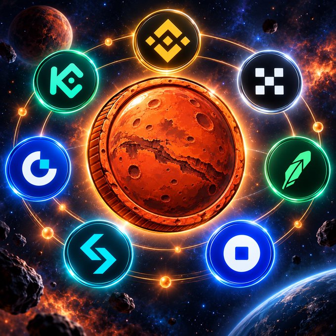 A cosmic illustration showing a Mars-like red planet in the center, surrounded by eight glowing cryptocurrency logos including Binance (yellow), KuCoin (teal), and others orbiting it in space.