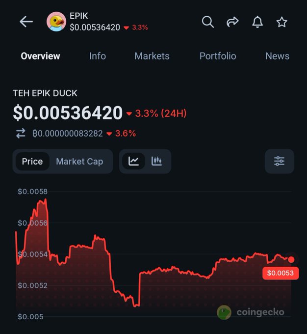 A CoinGecko mobile screenshot shows the price chart for the "TEH EPIK DUCK" (EPIK) cryptocurrency at $0.00536420, down 3.3% over 24 hours, with a red declining trend line.