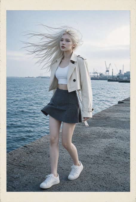 A photograph styled with a Polaroid border showing a blonde woman in a beige trench coat, white crop top, and black skirt walking along a pier by the sea with industrial structures in the background.