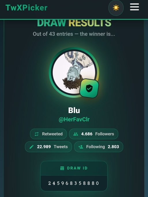 The image displays a TwXPicker draw results screen showing Blu (@HerFavClr) as the winner out of 43 entries, with stats including 4,686 followers, 22,989 tweets, and the tweet was retweeted. The accompanying post confirms the winner was selected for the @biteclubART #2958 giveaway, with the Draw ID 245968358880 visible at the bottom matching this selection.