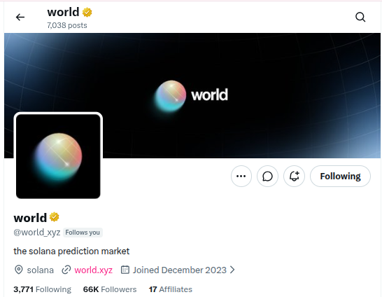 This image shows the Threads profile page for @world_xyz, the Solana prediction market with a verified badge, 7,038 posts, 66K followers, and 3,771 following, displaying its colorful spherical logo. The profile matches the tagged account in the post announcing that World followed MOON, suggesting a potential merger between the two projects.