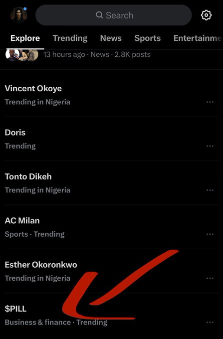 A Twitter/X trending page showing topics like Vincent Okoye, Doris, Tonto Dikeh, AC Milan, Esther Okoronkwu, and $PILL, with a red arrow pointing toward $PILL under Business & finance.
