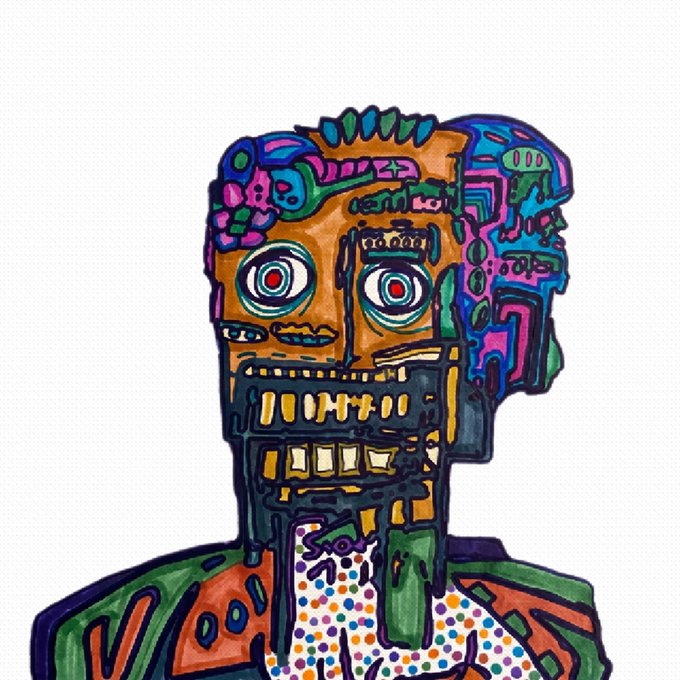 A colorful, stylized illustration of a mechanical or robotic humanoid head with large circular eyes, intricate patterned details, and a polka-dotted collar.