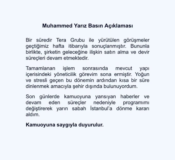 A public press statement in Turkish titled 'Muhammed Yariz Basın Açıklaması', addressing the public about completed business dealings with Tera Grubu and announcing the speaker's return to Istanbul.