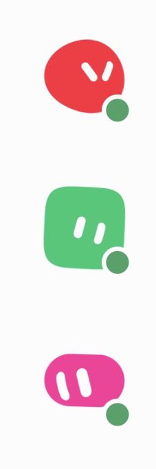Three stylized speech bubble icons in red, green, and pink with small green circles, possibly logo concepts or stickers.