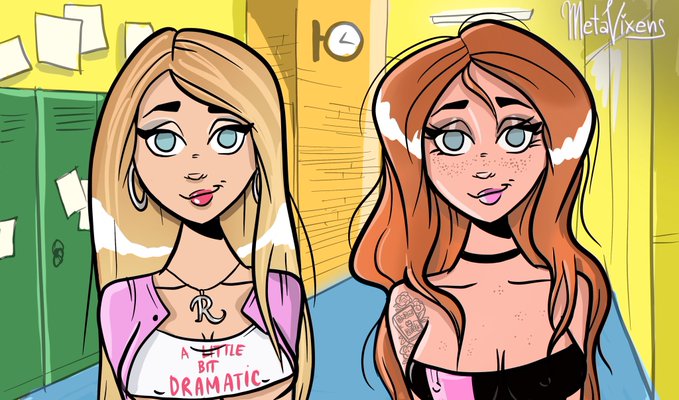 An illustration by MetaFixens showing two cartoon-style female characters in a school hallway, one blonde with a 'A Little Bit Dramatic' shirt and a necklace with an 'R', the other with long auburn hair and a tattoo.