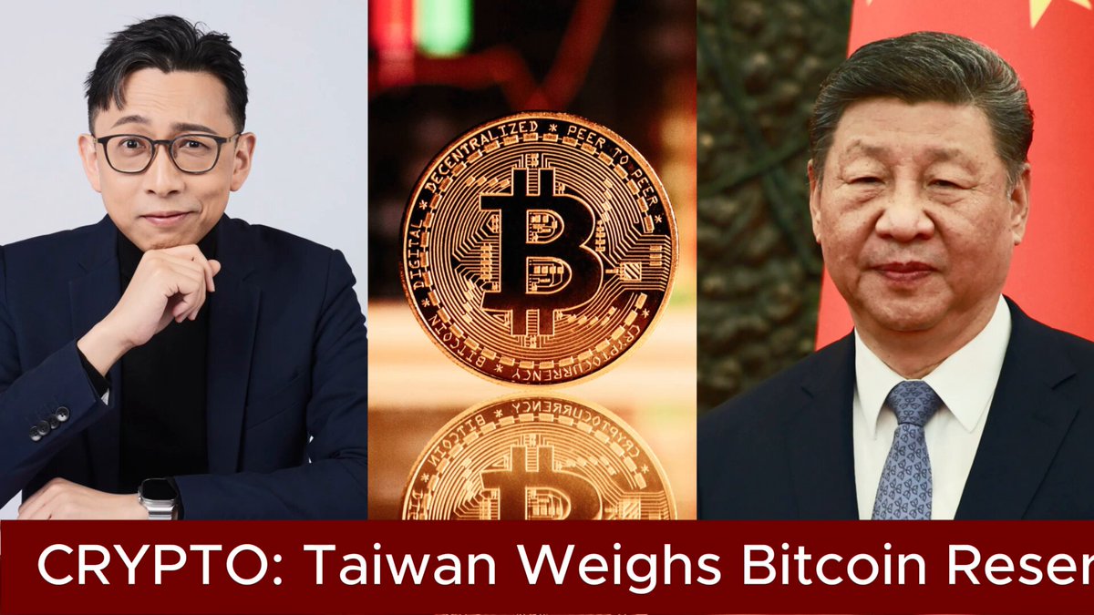 The image displays two photographs, one depicting the man wearing glasses and the other showing the man with ties. The photographs are placed side by side below a banner that reads "crypto". Below this banner, there is text providing information about Taiwan's plans to explore Bitcoin as a potential reserve asset.