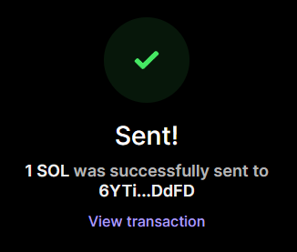 This image confirms the successful sending of "1 SOL" to the wallet address "6YTi...DdFD," visually representing the prize mentioned in the accompanying post.
