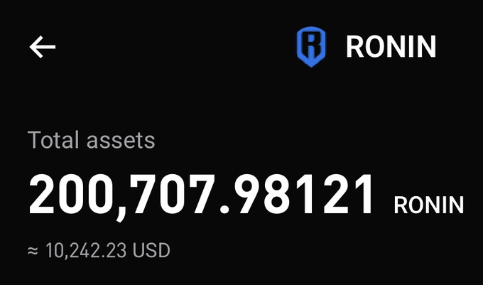 A digital wallet screen showing a Ronin wallet logo with total assets of 200,707.98121 RONIN, approximately equivalent to 10,242.23 USD.