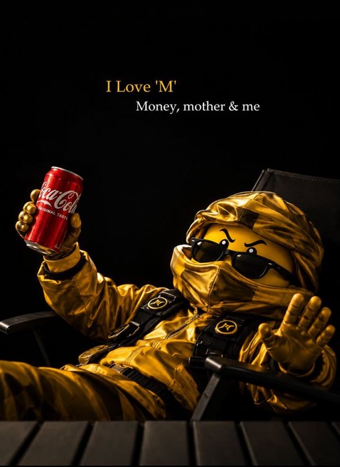 A gold-suited, sunglasses-wearing emoji character holds up a Coca-Cola can beneath the text "I Love 'M' — Money, mother & me," embodying the post's luxurious, giveaway-style vibe inviting followers to drop their $SOL addresses.