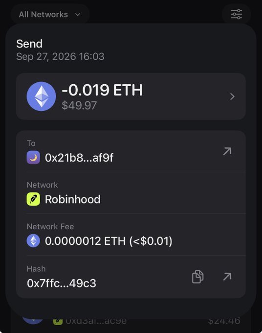 A cryptocurrency transaction interface showing a 'Send' confirmation of '-0.019 ETH' ($49.97) to address '0x21b8...af9f' via the Robinhood network, dated Sep 27, 2026, with a transaction hash of '0x7ffc...49c3'.