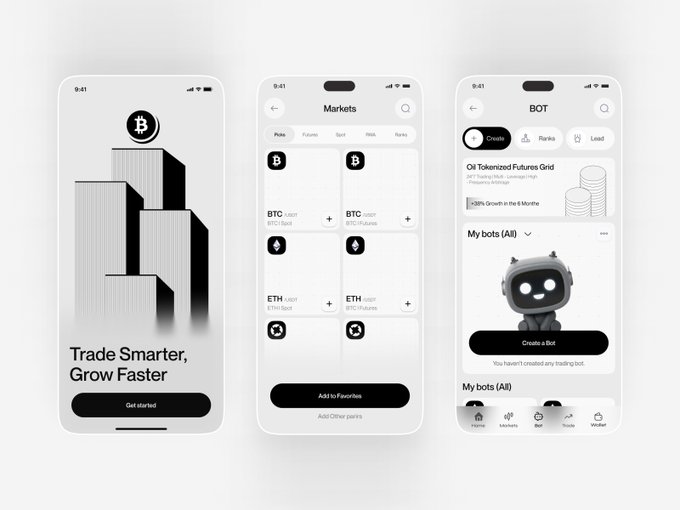 Three mobile app screens for a cryptocurrency trading platform, displaying the tagline 'Trade Smarter, Grow Faster', a 'Markets' page with BTC and ETH pairs, and a 'BOT' feature with 'Oil Tokenized Futures Grid'.